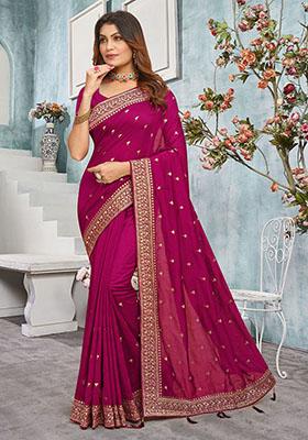 Rani Pink Resham Embroidered Vichitra Blooming Saree Set