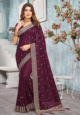 Wine Resham Embroidered Vichitra Blooming Saree Set