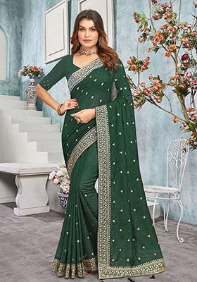 Bottle Green Resham Embroidered Vichitra Blooming Saree Set