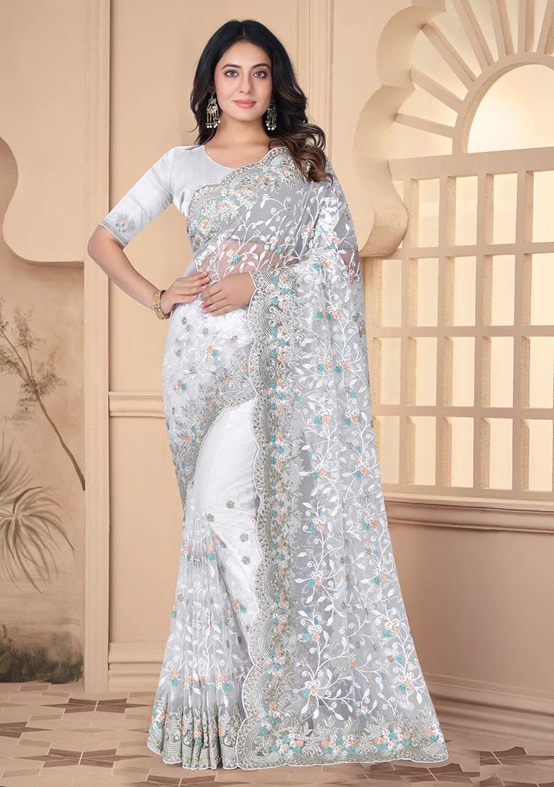 White Resham Net Saree Set with Embroidered for Diwali | Wedding & Festive Wear - Indya