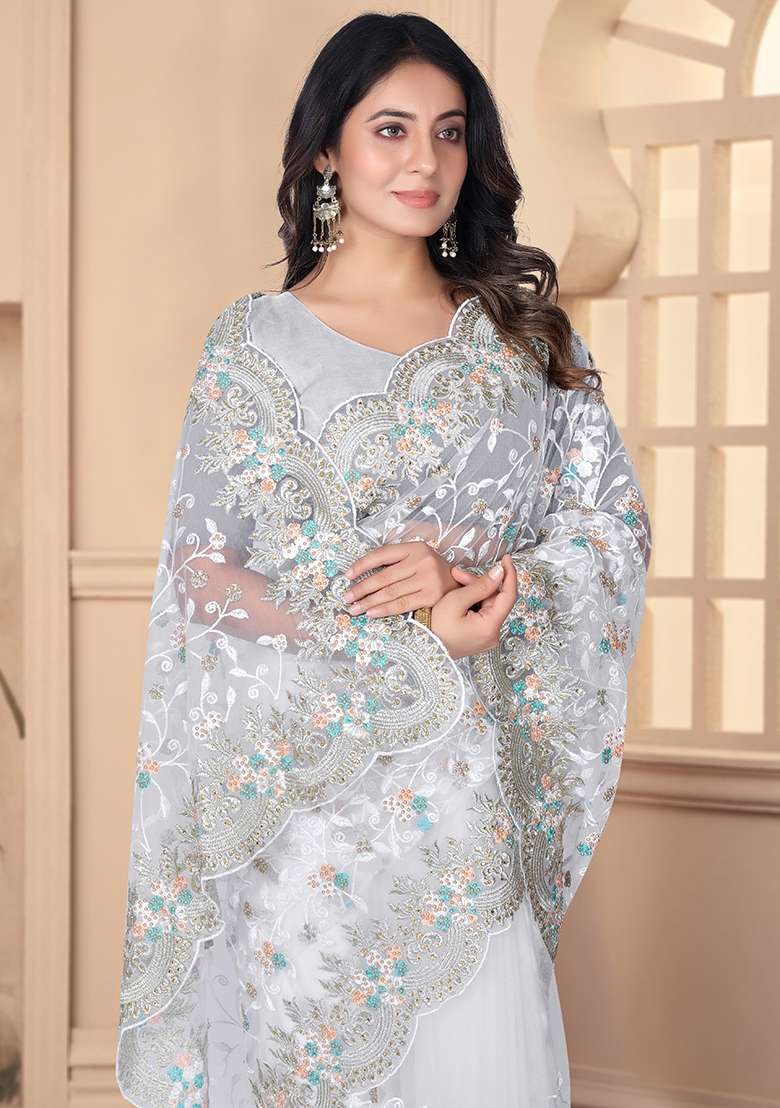 White Resham Net Saree Set with Embroidered for Diwali | Wedding & Festive Wear - Indya