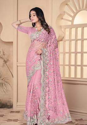 Pink Resham Embroidered Net Saree Set
