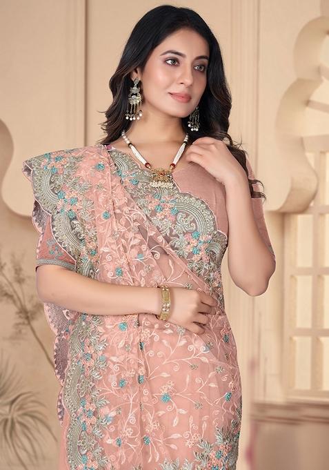Peach Resham Embroidered Net Saree Set