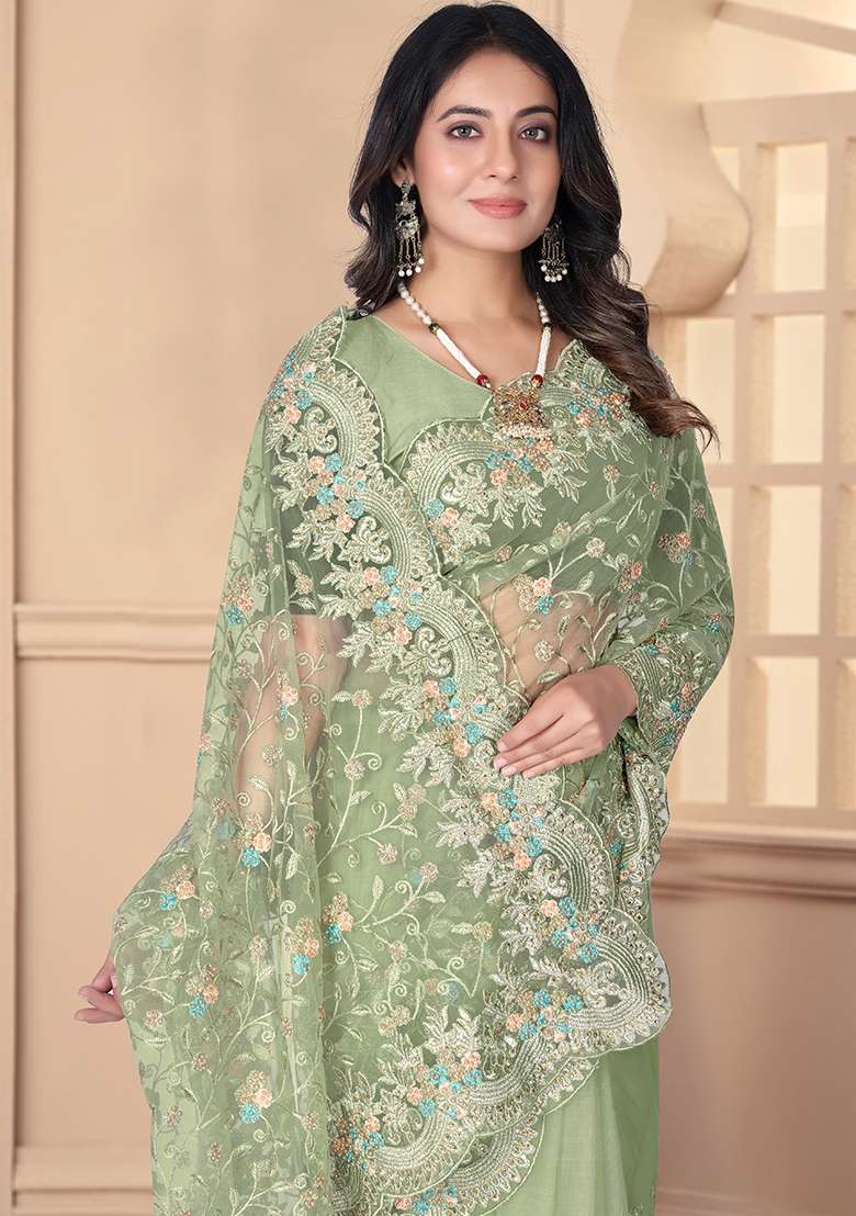 Pista Green Resham Net Saree Set with Embroidered for Diwali | Wedding & Festive Wear - Indya