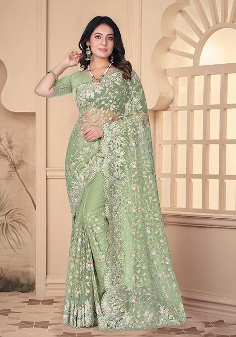 Pista Green Resham Embroidered Net Saree Set