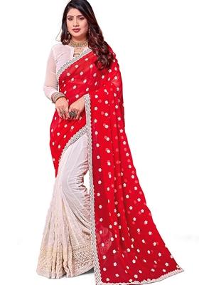 Red And White Resham Embroidered Georgette Saree Set