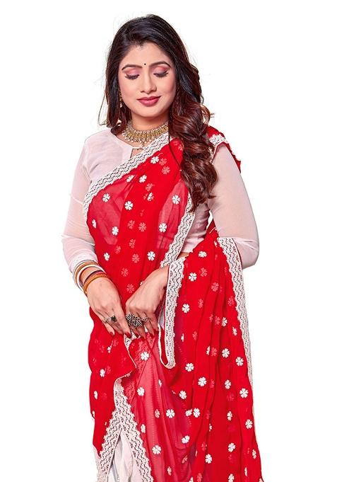Red And White Resham Embroidered Georgette Saree Set