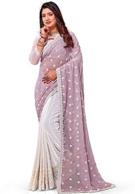 Lavender And White Resham Embroidered Georgette Saree Set