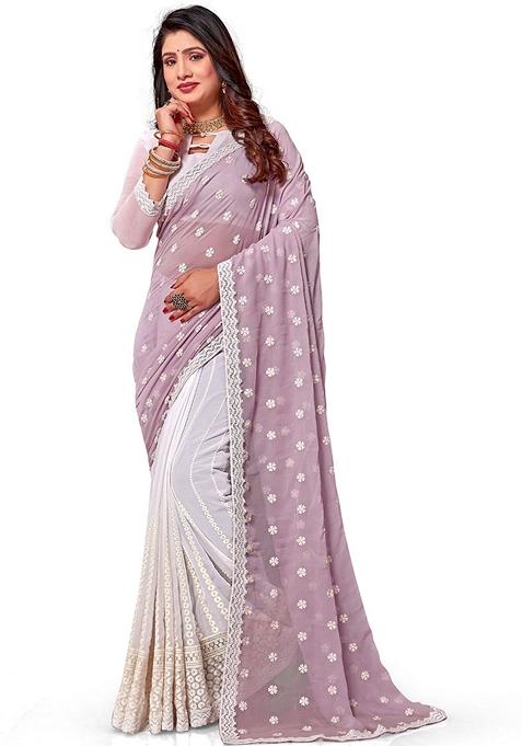Lavender And White Resham Embroidered Georgette Saree Set