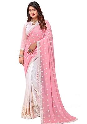 Pink And White Resham Embroidered Georgette Saree Set