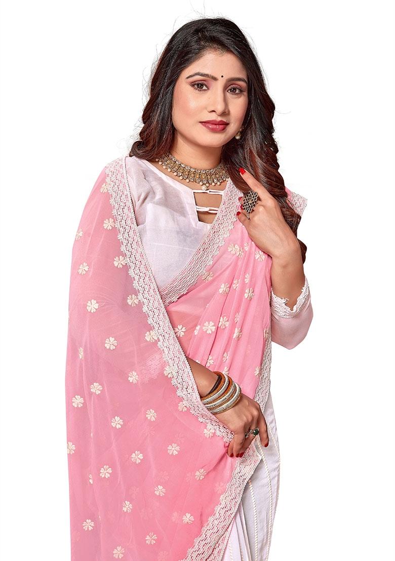 Pink And White Resham Embroidered Georgette Saree Set