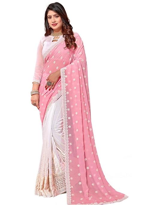 Pink And White Resham Embroidered Georgette Saree Set