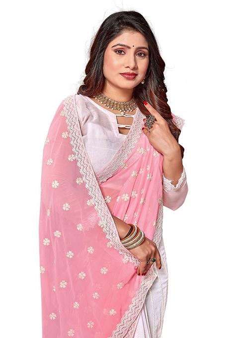 Pink And White Resham Embroidered Georgette Saree Set