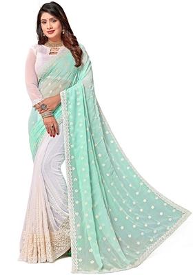 Sky Blue And White Resham Embroidered Georgette Saree Set