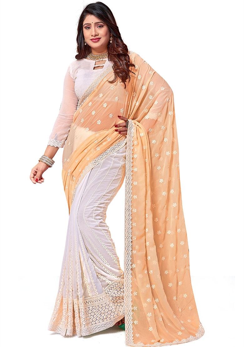 Yellow And White Resham Embroidered Georgette Saree Set