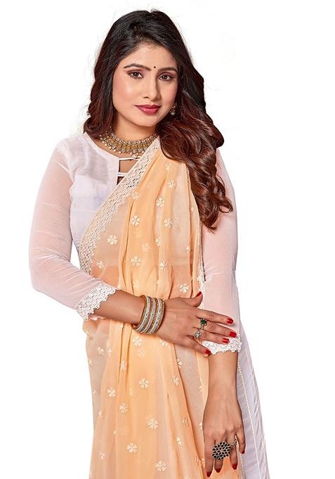 Yellow And White Resham Embroidered Georgette Saree Set