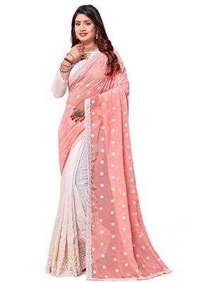 Peach And White Resham Embroidered Georgette Saree Set