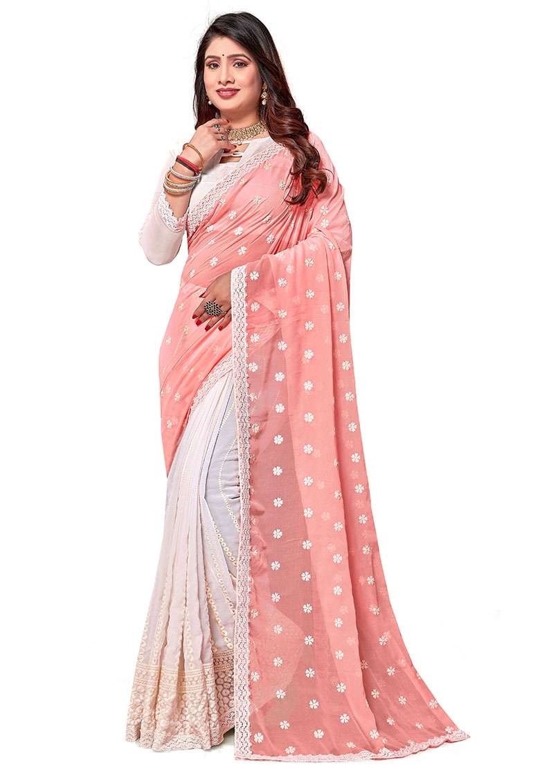Peach And White Resham Georgette Saree Set with Embroidered for Diwali | Wedding & Festive Wear - Indya