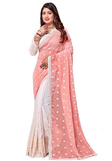 Peach And White Resham Embroidered Georgette Saree Set