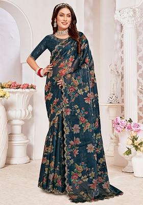 Morpeach Zircon Hand Embroidered Organza Silk Saree Set