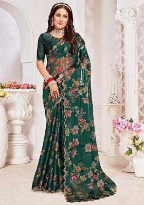 Bottle Green Zircon Hand Embroidered Organza Silk Saree Set