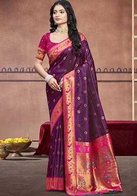 Wine Woven Silk Saree Set