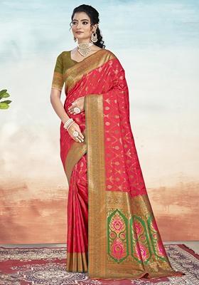 Maroon Woven Silk Saree Set