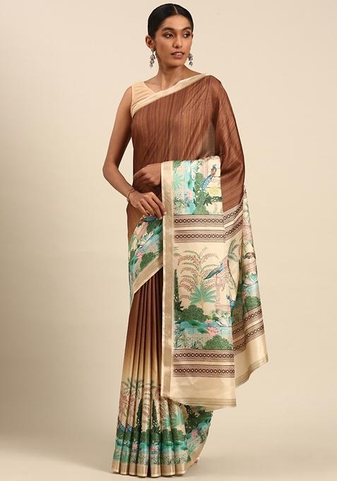 Brown Woven Cotton Saree Set