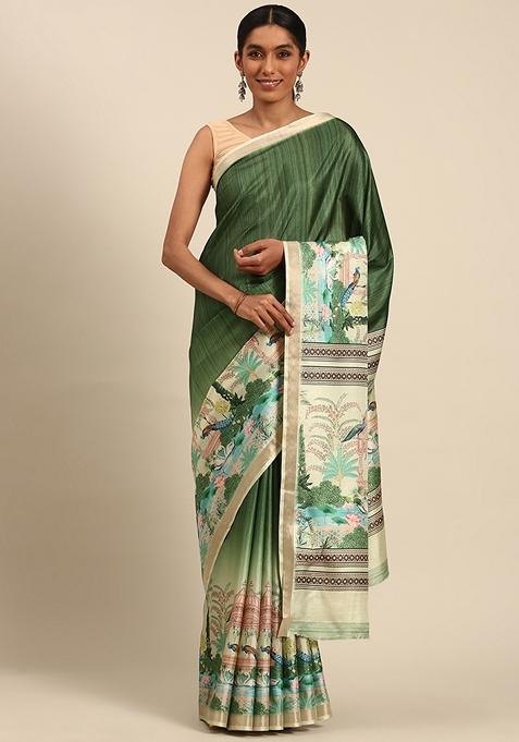 Green Woven Cotton Saree Set