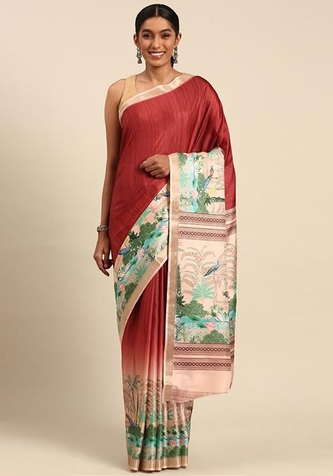 Maroon Woven Cotton Saree Set