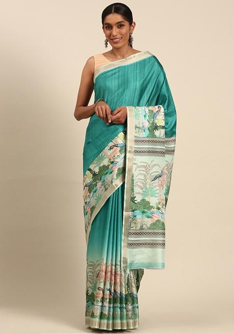 Aqua Blue Woven Cotton Saree Set