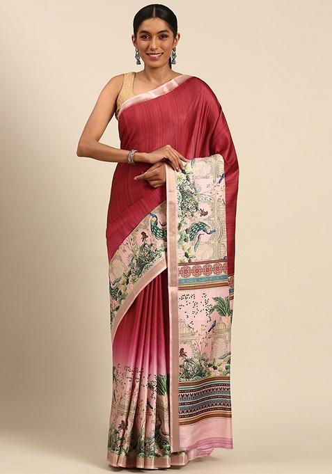 Maroon Woven Cotton Saree Set