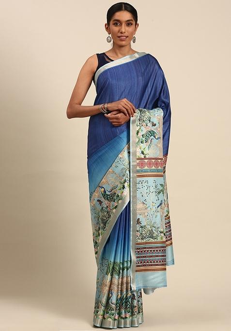 Blue Woven Cotton Saree Set