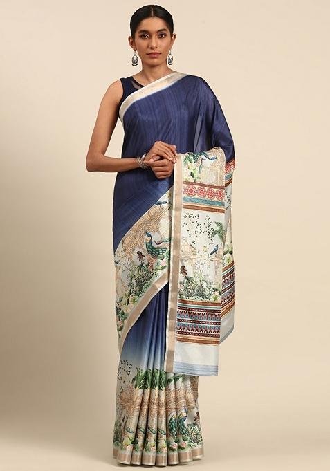 Blue Woven Cotton Saree Set