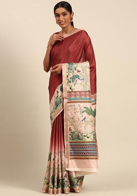 Maroon Woven Cotton Saree Set