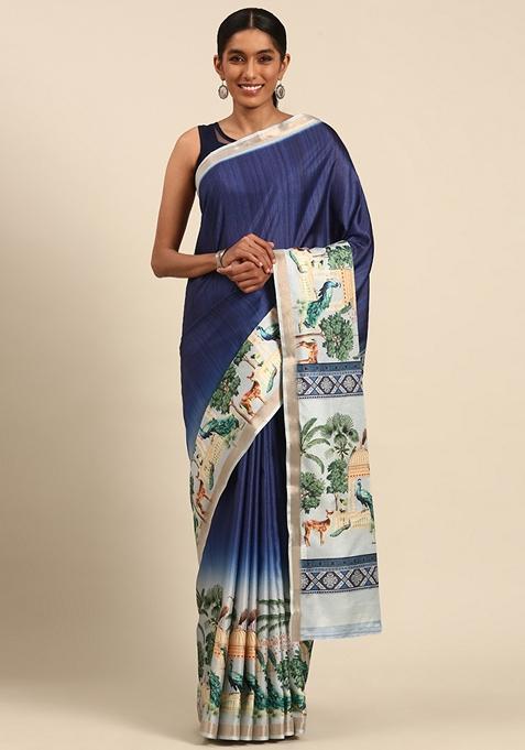 Blue Woven Cotton Saree Set