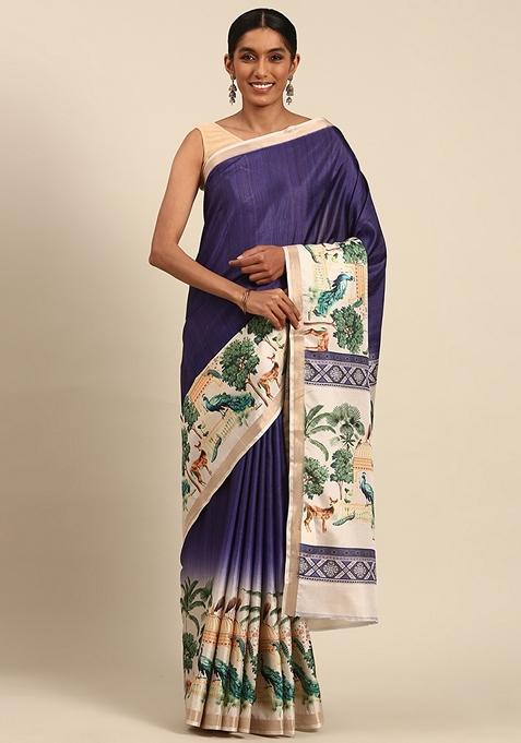 Blue Woven Cotton Saree Set