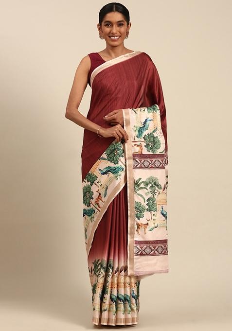 Maroon Woven Cotton Saree Set