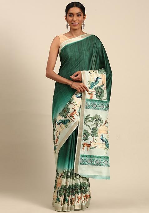 Green Woven Cotton Saree Set