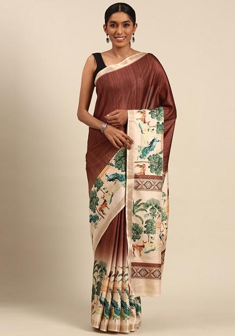 Saddle Brown Woven Cotton Saree Set