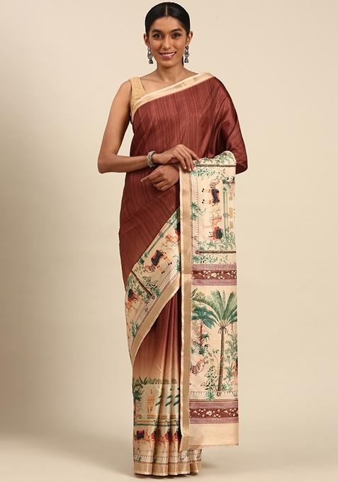 Dark Red Woven Cotton Saree Set