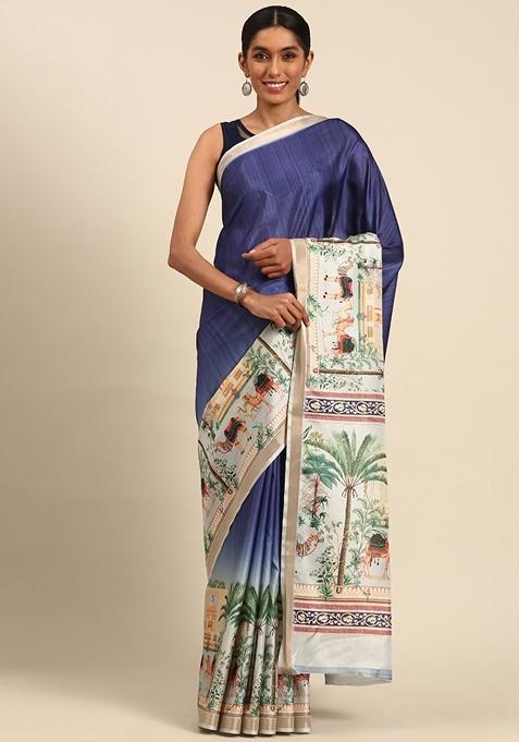 Blue Woven Cotton Saree Set