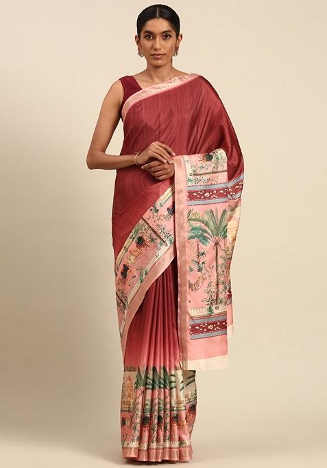 Maroon Woven Cotton Saree Set