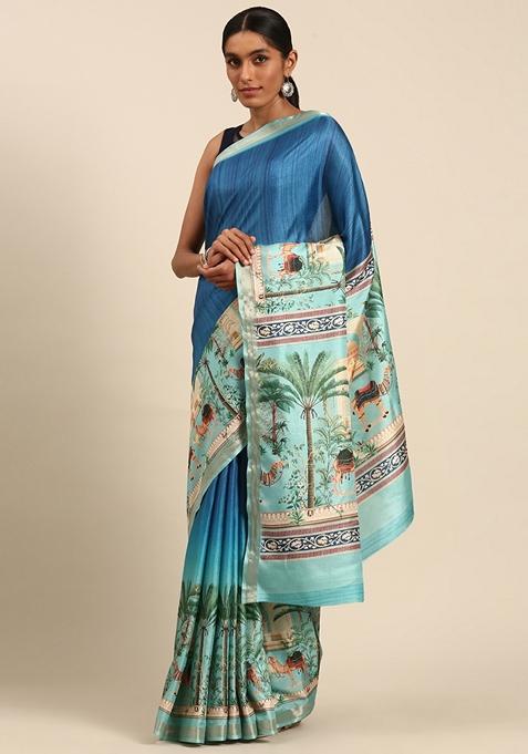 Sky Blue Woven Cotton Saree Set