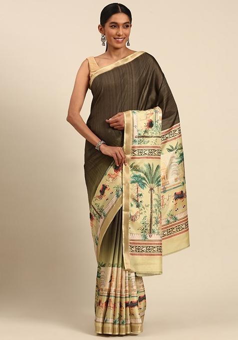 Mehendi Woven Cotton Saree Set