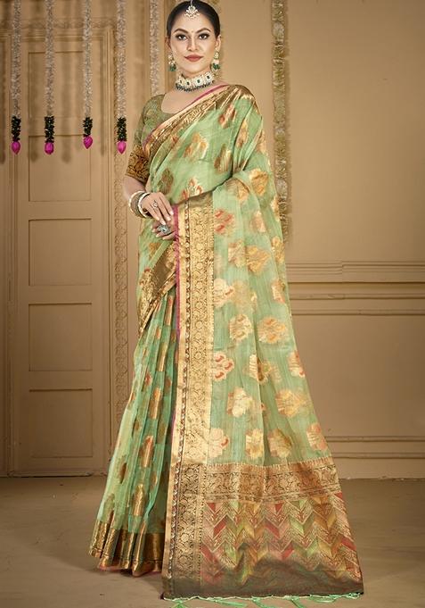 Off Green Woven Organza Saree Set