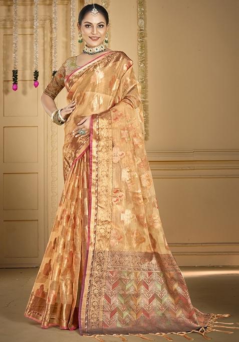 Golden Woven Organza Saree Set