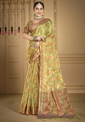 Light Green Woven Organza Saree Set