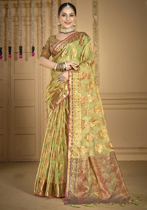 Light Green Woven Organza Saree Set