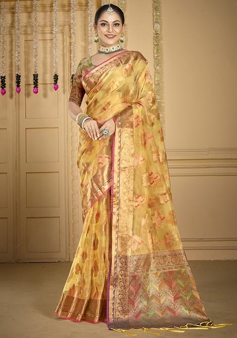 Yellow Woven Organza Saree Set